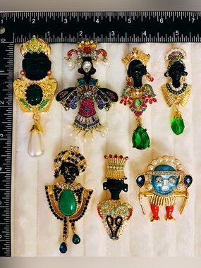 Lot of 7 Pieces African Queen Brooch Pins Rhinestone Tribal Ethnic Dangle Pearl